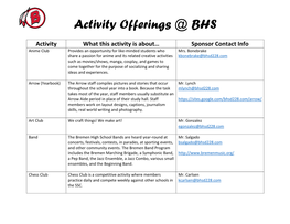 Activity Offerings @ BHS