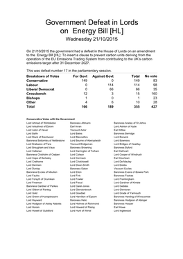 Government Defeat in Lords on Energy Bill [HL] Wednesday 21/10/2015