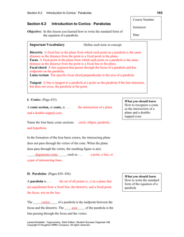 Section 6.2 Introduction to Conics: Parabolas 103