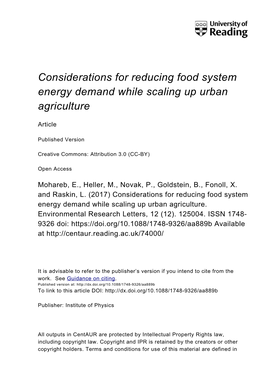 Considerations for Reducing Food System Energy Demand While Scaling up Urban Agriculture