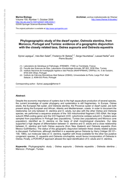 Phylogeographic Study of the Dwarf Oyster, Ostreola Stentina