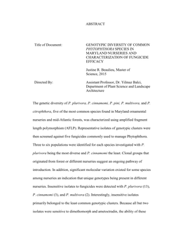 Genotypic Diversity of Common Phytophthora Species in Maryland Nurseries and Characterization of Fungicide Efficacy