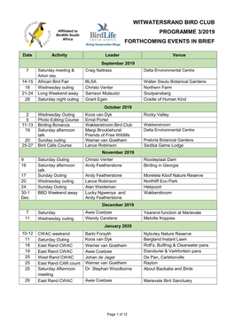 Witwatersrand Bird Club Programme 3/2019