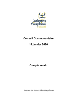 Conseil Communautaire 14 Janvier 2020 Compte Rendu