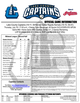 OFFICIAL GAME INFORMATION Lake County Captains (14-11, 54-40) Vs