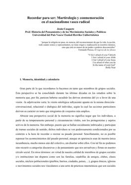 Recordar Para Ser: Martirologio Y Conmemoración En El Nacionalismo Vasco Radical