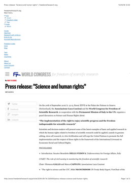 Press Release: "Science and Human Rights" | Freedomofresearch.Org 13/10/16 12:32 Freedomofresearch.Org Main Menu Home 4 Issues 2 Freedom Index 2 Tags Donate 3 About