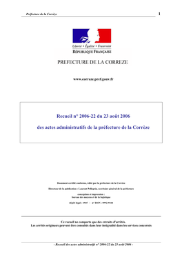 Recueil N° 2006-22 Du 23 Août 2006 Des Actes Administratifs De La