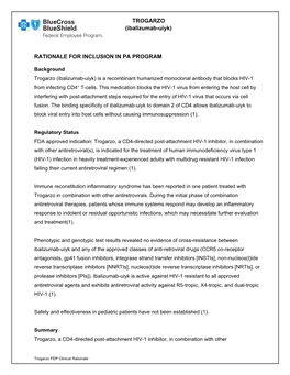 TROGARZO (Ibalizumab-Uiyk) RATIONALE for INCLUSION IN