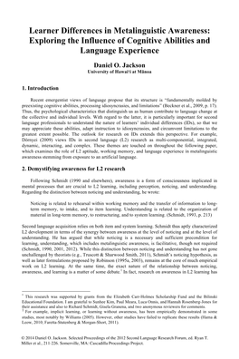 Learner Differences in Metalinguistic Awareness: Exploring the Influence of Cognitive Abilities and Language Experience