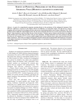 Survey of Potential Predators of the Endangered Amargosa Vole (Microtus Californicus Scirpensis)