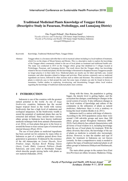 Traditional Medicinal Plants Knowledge of Tengger Ethnic (Descriptive Study in Pasuruan, Probolinggo, and Lumajang Distric)