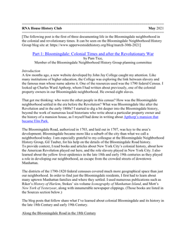 Bloomingdale: Colonial Times and After the Revolutionary War by Pam Tice, Member of the Bloomingdale Neighborhood History Group Planning Committee