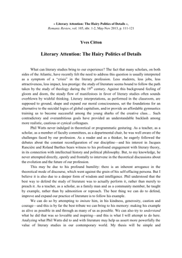 Literary Attention: the Hairy Politics of Details », Romanic Review, Vol