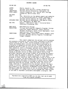 MB DATE 92 NOTE 54P.; Materials Are the Advancepapers and Summaries of the Discussions Held at a Global Conferenceon National Service (Racine, WI, June 18-21, 1992)