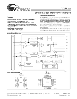 Ethernet Coax Transceiver Interface 1CY7B8392 Functional Description