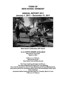 TOWN of NEW HAVEN, VERMONT ANNUAL REPORT 2011 January 1
