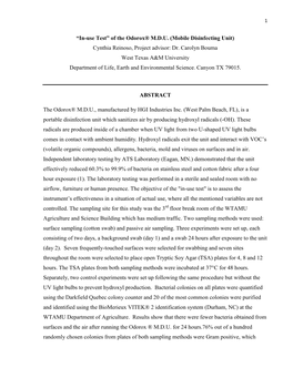 “In-Use Test” of the Odorox® MDU (Mobile Disinfecting Unit) Cynthia Reinoso, Project Advisor