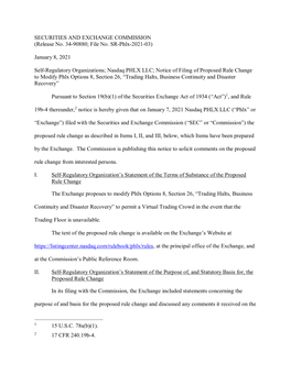 Notice of Filing of Proposed Rule Change to Modify Phlx Options 8, Section 26, “Trading Halts, Business Continuity and Disaster Recovery”