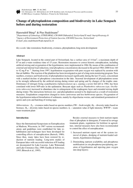 Change of Phytoplankton Composition and Biodiversity in Lake Sempach Before and During Restoration