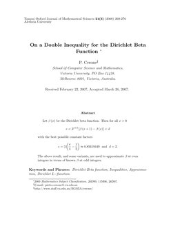 On a Double Inequality for the Dirichlet Beta Function ∗