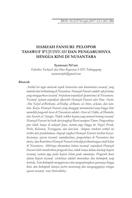 Hamzah Fansuri: Pelopor Tasawuf Wujudiyah Dan Pengaruhnya Hingga Kini Di Nusantara