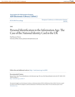 The Case of the National Identity Card in the UK Paul Beynon-Davies University of Wales, Swansea, P.Beynon-Davies@Swansea.Ac.Uk