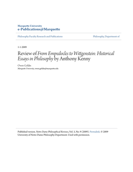 Historical Essays in Philosophy by Anthony Kenny Owen Goldin Marquette University, Owen.Goldin@Marquette.Edu