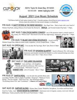 August 2021 Live Music Schedule