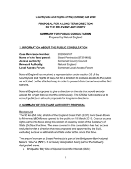 1 Countryside and Rights of Way (CROW) Act 2000 PROPOSAL for a LONG-TERM DIRECTION by the RELEVANT AUTHORITY SUMMARY for PUBLI