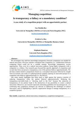 Managing Coopetition: Is Transparency a Fallacy Or a Mandatory Condition? a Case Study of a Coopetition Project with an Opportunistic Partner