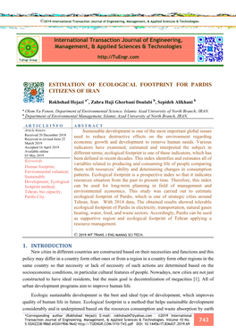 Estimation of Ecological Footprint for Pardis Citizens of Iran