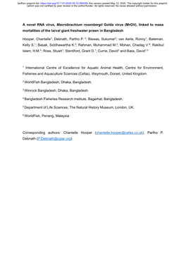 A Novel RNA Virus, Macrobrachium Rosenbergii Golda Virus (Mrgv), Linked to Mass Mortalities of the Larval Giant Freshwater Prawn in Bangladesh