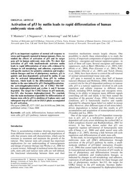 Activation of P53 by Nutlin Leads to Rapid Differentiation of Human Embryonic Stem Cells