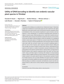 Utility of DNA Barcoding to Identify Rare Endemic Vascular Plant Species in Trinidad