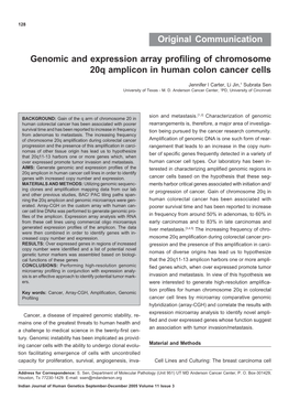 Original Communication Genomic and Expression Array Profiling of Chromosome 20Q Amplicon in Human Colon Cancer Cells