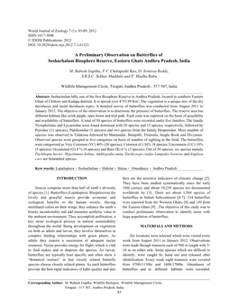 A Preliminary Observation on Butterflies of Seshachalam Biosphere Reserve, Eastern Ghats Andhra Pradesh, India