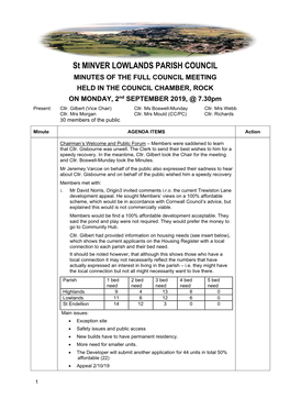 MINUTES of the FULL COUNCIL MEETING HELD in the COUNCIL CHAMBER, ROCK on MONDAY, 2Nd SEPTEMBER 2019, @ 7.30Pm Present: Cllr