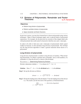 1.3 Division of Polynomials; Remainder and Factor Theorems