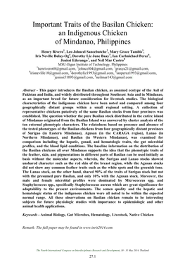 Important Traits of the Basilan Chicken: an Indigenous Chicken of Mindanao, Philippines