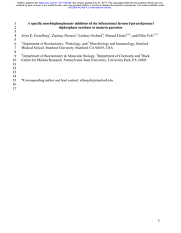 A Specific Non-Bisphosphonate Inhibitor of the Bifunctional Farnesyl/Geranylgeranyl 2 Diphosphate Synthase in Malaria Parasites 3 4 Jolyn E