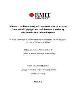 Molecular and Immunological Characterisation of Proteins from Anisakis Pegreffii and Their Immune Stimulatory Effect on the Human Health System