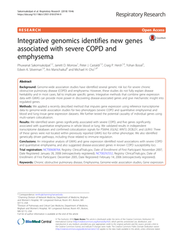 Integrative Genomics Identifies New Genes Associated with Severe COPD and Emphysema Phuwanat Sakornsakolpat1,2, Jarrett D