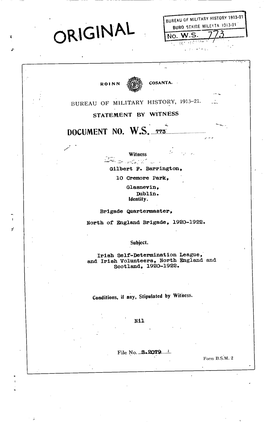 ROINN COSANTA. BUREAU of MILITARY HISTORY, 1913-21. STATEMENT by WITNESS DOCUMENT NO. W.S. 773 Witness Gilbert F. Barrington, 10