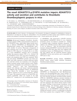 P.D187H Mutation Impairs ADAMTS13 Activity and Secretion and Contributes to Thrombotic Thrombocytopenic Purpura in Mice