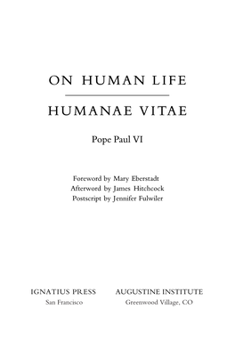 On Human Life Humanae Vitae