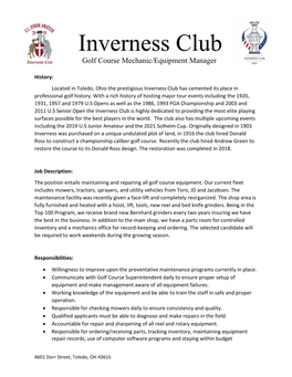 Inverness Club Golf Course Mechanic/Equipment Manager