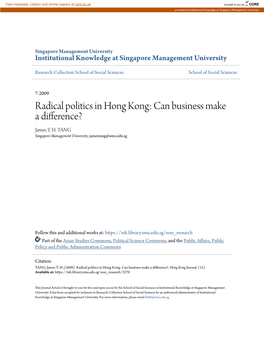 Radical Politics in Hong Kong: Can Business Make a Difference? James T