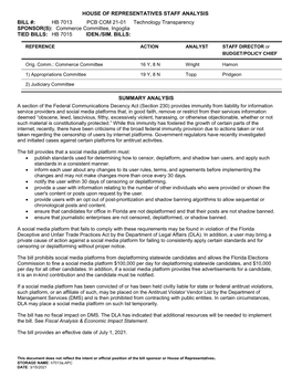 House of Representatives Staff Analysis Bill #: Hb 7013