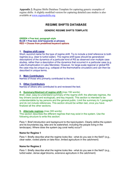 Regime Shifts Database Template for Capturing Generic Examples of Regime Shifts